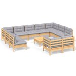 vidaXL Salon de jardin 12 Pièces avec coussins gris Bois de pin massif