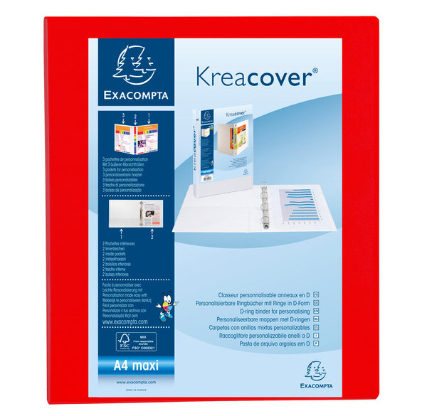 Classeur personnalisable Kreacover A4 Maxi 4 Ax Diam 25 mm Dos 47 mm Rouge EXACOMPTA