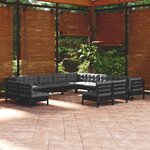 vidaXL Salon de jardin 13 Pièces avec coussins Noir Bois de pin solide