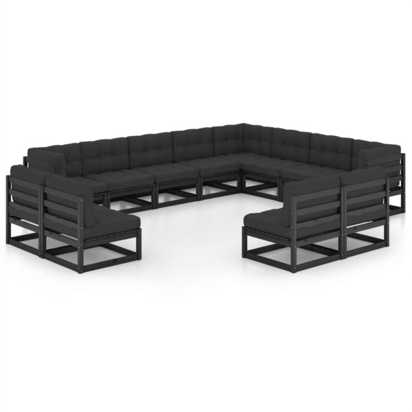 vidaXL Salon de jardin 12 Pièces avec coussins Noir Bois de pin massif
