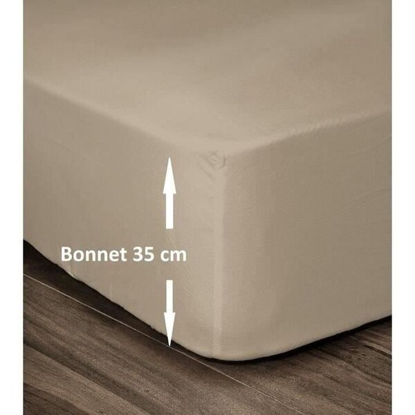 Drap housse 100  Coton 160 x 200 cm - Bonnet 35 cm - Beige