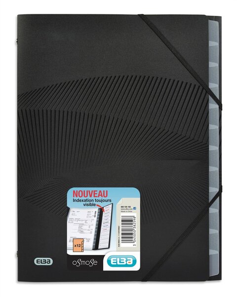 Trieur 12 divisions à élastiques Osmose A4 en polypropylène - Noir opaque