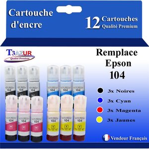 T3AZUR - 12x Bouteilles compatibles avec Epson EcoTank ET-2820  ET-2821  ET-2825  ET-2826  ET-4700  ET-4800