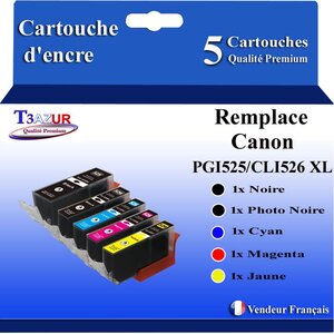 T3AZUR - 5x Cartouches compatibles avec Canon PGI525 CLI-525 XL pour Canon Pixma MG6250 MG8150 MG8250 MX715 MX880 MX885 MX895