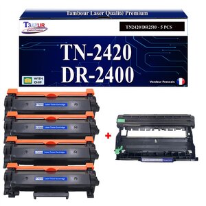 T3AZUR - Kit Tambour+ 4 Toners compatibles avec Brother TN2420 DR2400 pour Brother MFC-L2710DN MFC-L2710DW MFC-L2712DN MFC-L2712DW MFC-L2713DW MFC-L2715DW - 3 000 pages