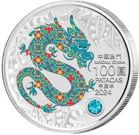 Pièce de monnaie 100 Patacas Macao 2024 5 onces argent BE – Année du Dragon