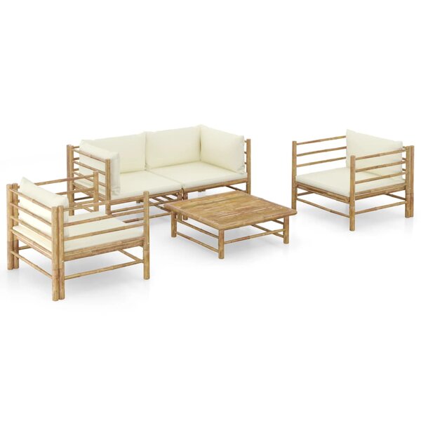 vidaXL Salon de jardin 5 Pièces avec coussins blanc crème bambou