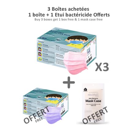 3 LOTS x 50 MASQUES ENFANTS ROSE FABRIQUÉ À TAÏWAN + 1 LOT x 50 MASQUES ENFANT VIOLET OFFERT + 1 ÉTUI BACTÉRICIDE ANTIBACTÉRIEN OFFERT