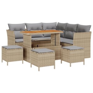 Ensemble de Canapé de Jardin 9 Pièces avec Coussins Beige Poly Rattan Acacia