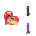 Kit pour biscuit en relief Coeur + 2 Stylos au chocolat marron et violet