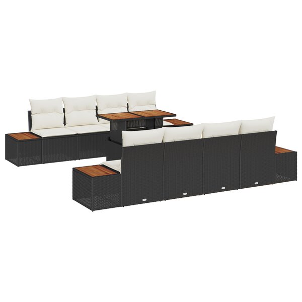 vidaXL Ensemble de Jardin 9 Pièces avec Coussins Noirs en Poly Rattan et Acacia
