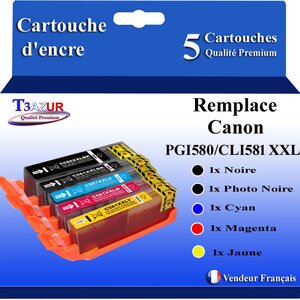 T3AZUR - 5x Cartouches compatibles avec Canon PGI-580 CLI-581 XXL pour Canon Pixma TS8100 TS8150 TS8151 TS8152 TS8200 TS8240 TS8241TS8250