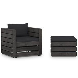 Salon de jardin meuble d'extérieur ensemble de mobilier 2 pièces avec coussins bois imprégné de gris 02_0015885