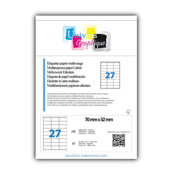 Lot de 10 planches a4 de 27 étiquettes à bords vifs 70 x 32 mm en papier blanc 70g/m² multifonction
