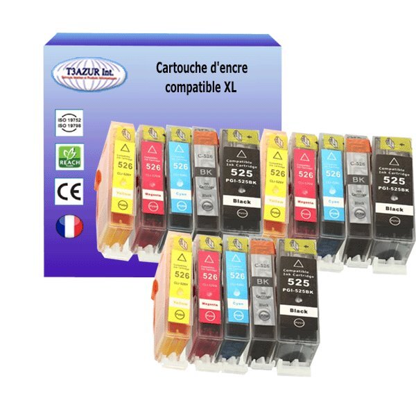 15 Cartouches compatibles avec Canon Pixma iP4850, iP4900, iP4950, iX6500, iX6550, MG5100 remplace Canon PGI-525, CLI-526 XL  - T3AZUR