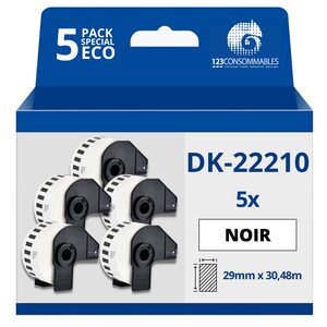 Pack de 5 Rouleaux Étiquettes compatible avec BROTHER DK-22210 - Largeur 29 mm x 30 48 m