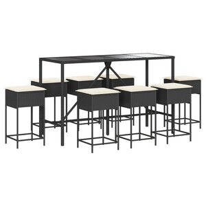 vidaXL Ensemble de bar de jardin 9 Pièces avec coussins noir poly rotin