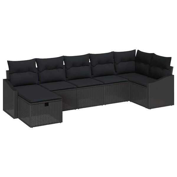 vidaXL Ensemble de canapé de jardin avec coussin 7 Pièces Noir Poly rotin
