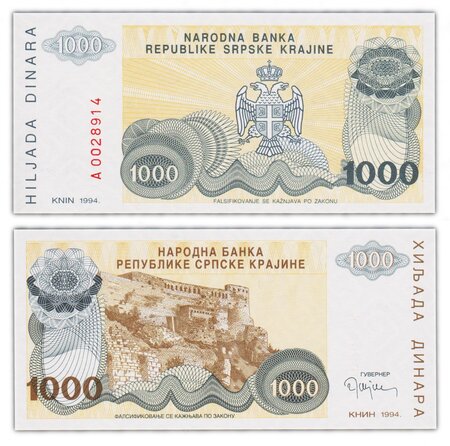 Billet de collection 1000 dinara 1994 krajina / croatie - neuf - pr30 - narodna bank