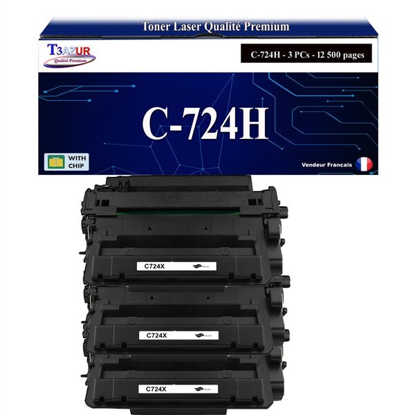 T3AZUR - 3x Toners compatibles avec Canon 724H (3482B002) pour Canon LBP-6750DN  LBP-6780X  MF-512x  MF-515x Noir - 12 500p