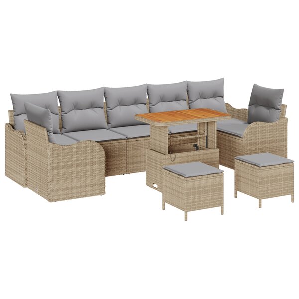 vidaXL Canapé de jardin 10 pièces avec coussins beige  en poly rotin et acacia.