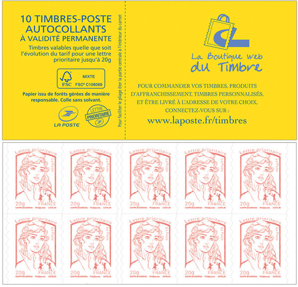 Carnet de 10 timbres Marianne - Rouge - Couverture Boutique du Timbre