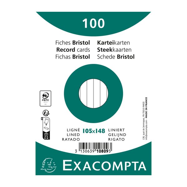 Paquet 100 Fiches Sous Film - Ligné Non Perforé - 105x148mm - Blanc - Exacompta