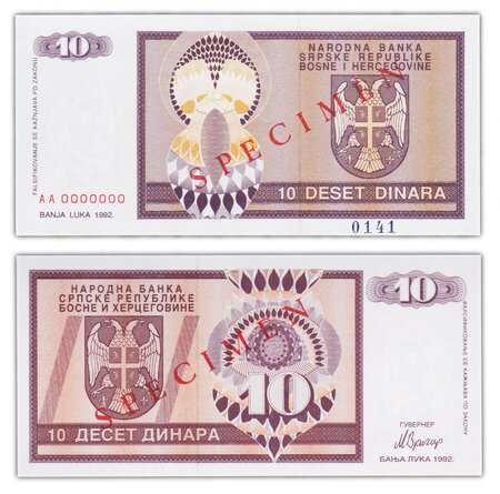 Billet de collection 10 dinara 1992 bosnie - neuf - p133s specimen