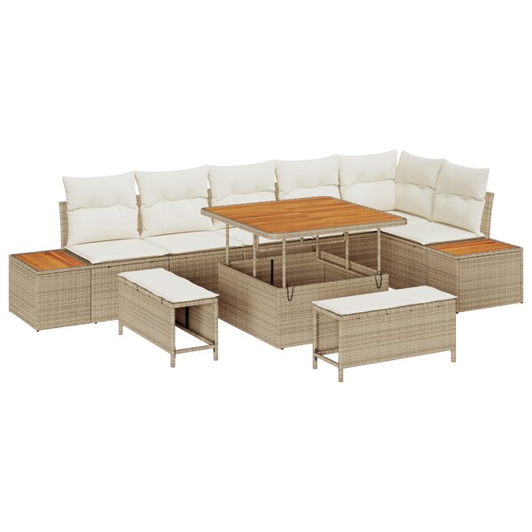 vidaXL Canapé de Jardin 9 Pièces avec Coussins Beige en Rattan Poly Acacia