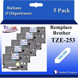 5x Rubans d'étiqueteuses compatibles avec Brother Tze253  Tze-253 pour étiqueteuses P-touch - Texte bleu sur fond blanc - Largeur 24 mm x 8 mètres - T3AZUR