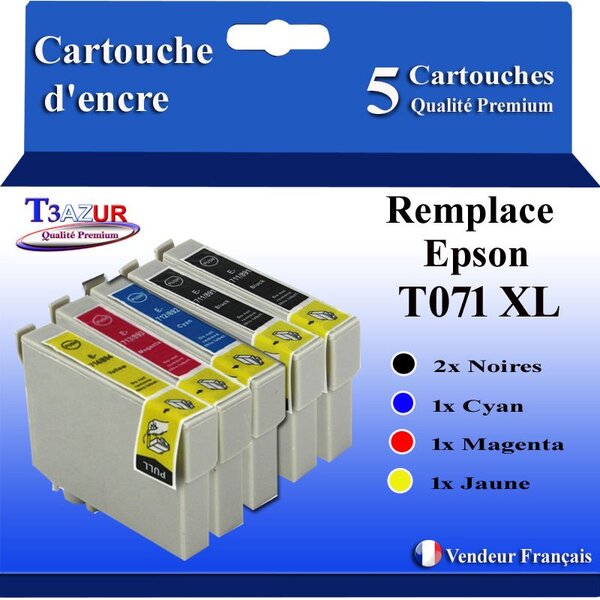 T3AZUR- 5x Cartouches Compatibles avec Epson T0711 remplace Epson Stylus Office S20 S21 SX100 SX105 SX110 SX115 SX200 SX205 SX209 SX210 SX215 SX218 SX400 SX400