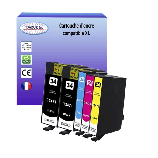 5 Cartouches Compatibles pour Epson T3471 / T3472 /  T3473 /  T3474 (34XL) - T3AZUR