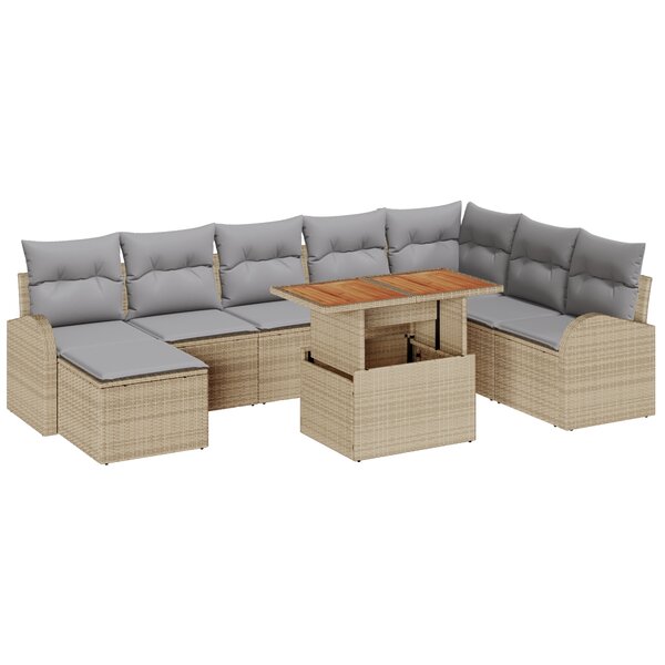 Set de Canapé de Jardin 9 Pièces avec Coussins Beige Poly Rattan