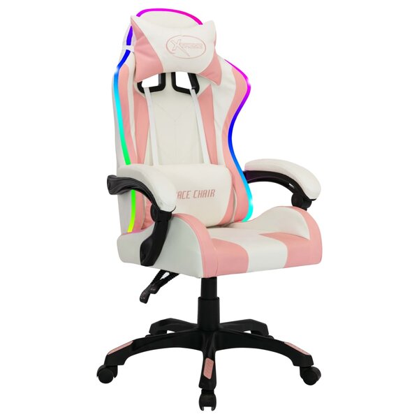 Chaise fauteuil siège pivotante de bureau informatique étude de jeux vidéo avec LED RVB Rose et similicuir rose 02_0024212