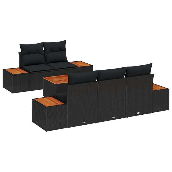 vidaXL Set de Canapés de Jardin 6 Pièces avec Coussins Noirs en Polyrattan Acacia