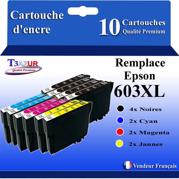 T3AZUR - 10 Cartouches Compatibles avec Epson 603 603XL Noire pour Epson Workforce WF-2810 WF-2830 WF-2835 Expression Home XP2100 XP2150 XP2105 XP3100 XP4155