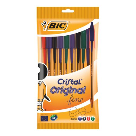 Stylo bille bic cristal couleurs assorties - pochette de 10