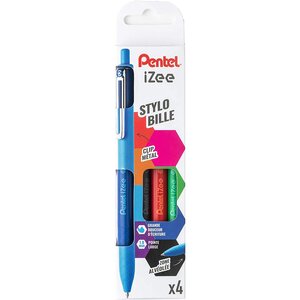 Pochette de 4 stylos bille rétractables izee  basic bx470 couleurs assorties pentel