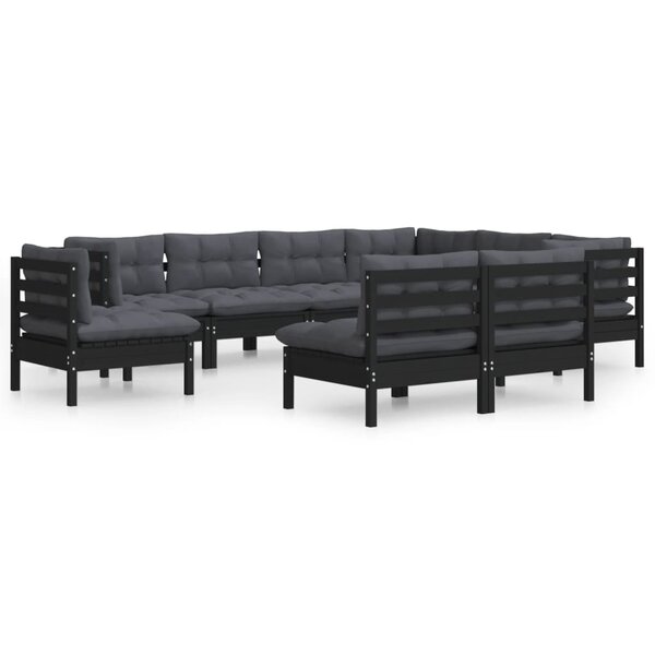 vidaXL Salon de jardin 9 Pièces avec coussins Noir Bois de pin massif