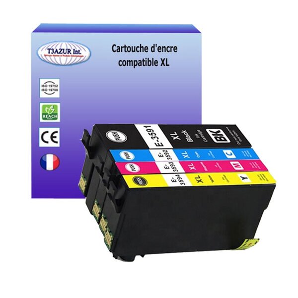 T3AZUR- 4x Cartouches Compatibles avec Epson T3591 T3592 T3593 T3594 remplace Epson WorkForce Pro WF4720DWF WF4725DWF WF4730DTWF WF4735DTWF WF4740DTWF Noire