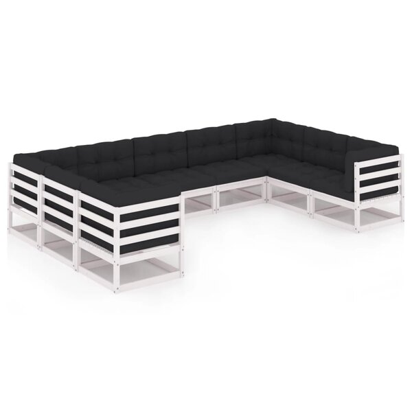 vidaXL Salon de jardin 9 Pièces avec coussins Blanc Bois de pin massif