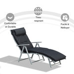 Bain de soleil pliable transat inclinable 7 positions chaise longue grand confort avec matelas + accoudoirs métal époxy textilène polyester noir