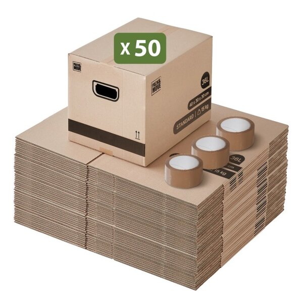 Pack and Move - Lot 50 cartons déménagement stockage livres - 40 x 30 x 30 cm - Poignées renforcées - 3 adhésifs offerts