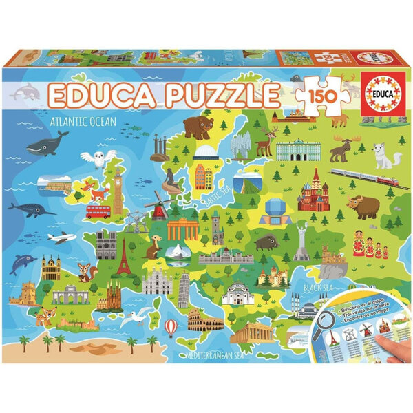 Puzzle - Carte de l'Europe - Animaux - Monuments - Jeu éducatif - 150 pièces - Dès 6 ans