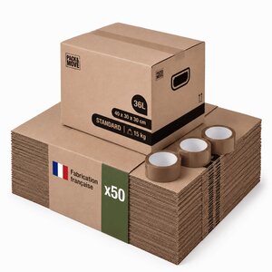 Pack and Move - Lot 50 cartons déménagement stockage livres - 40 x 30 x 30 cm - Poignées renforcées - 3 adhésifs offerts