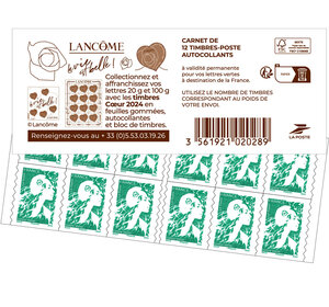 Carnet 12 timbres Marianne de l'avenir - Lettre Verte - Couverture Coeur Lancôme