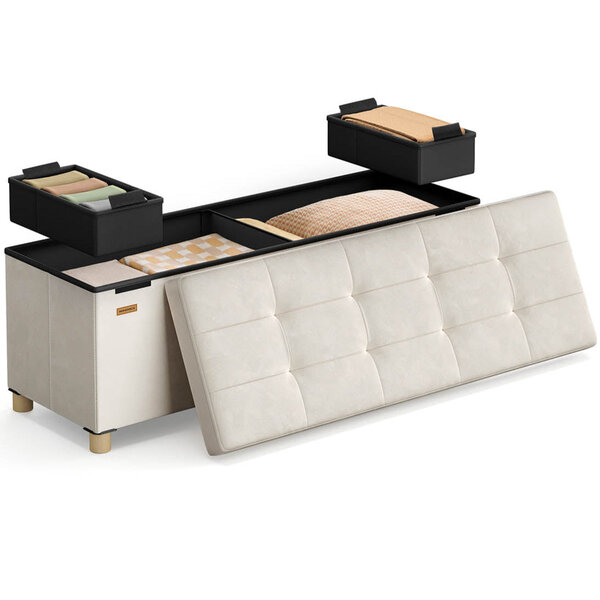 Banc de rangement cube pliable 38 x 110 x 40 cm pouf repose-pieds 112 litres surface en velours pour chambre salon dortoir beige 12_0004145