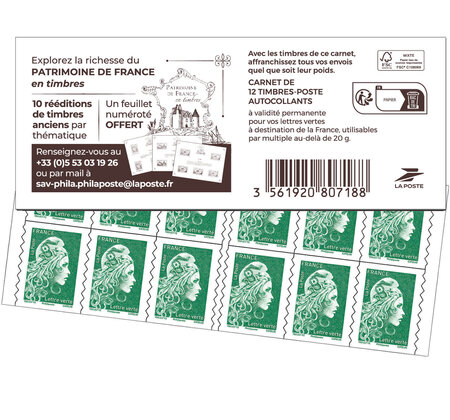 Carnet 12 timbres Marianne l'engagée - Lettre Verte - Patrimoine de France  - La Poste