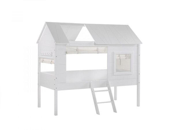CHARLOTTE Lit cabane pin massif blanc 90x200cm + Rideaux + Sommier