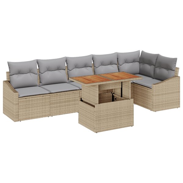 vidaXL Ensemble de jardin 7 pièces avec coussins beiges en poly rotin acacia.